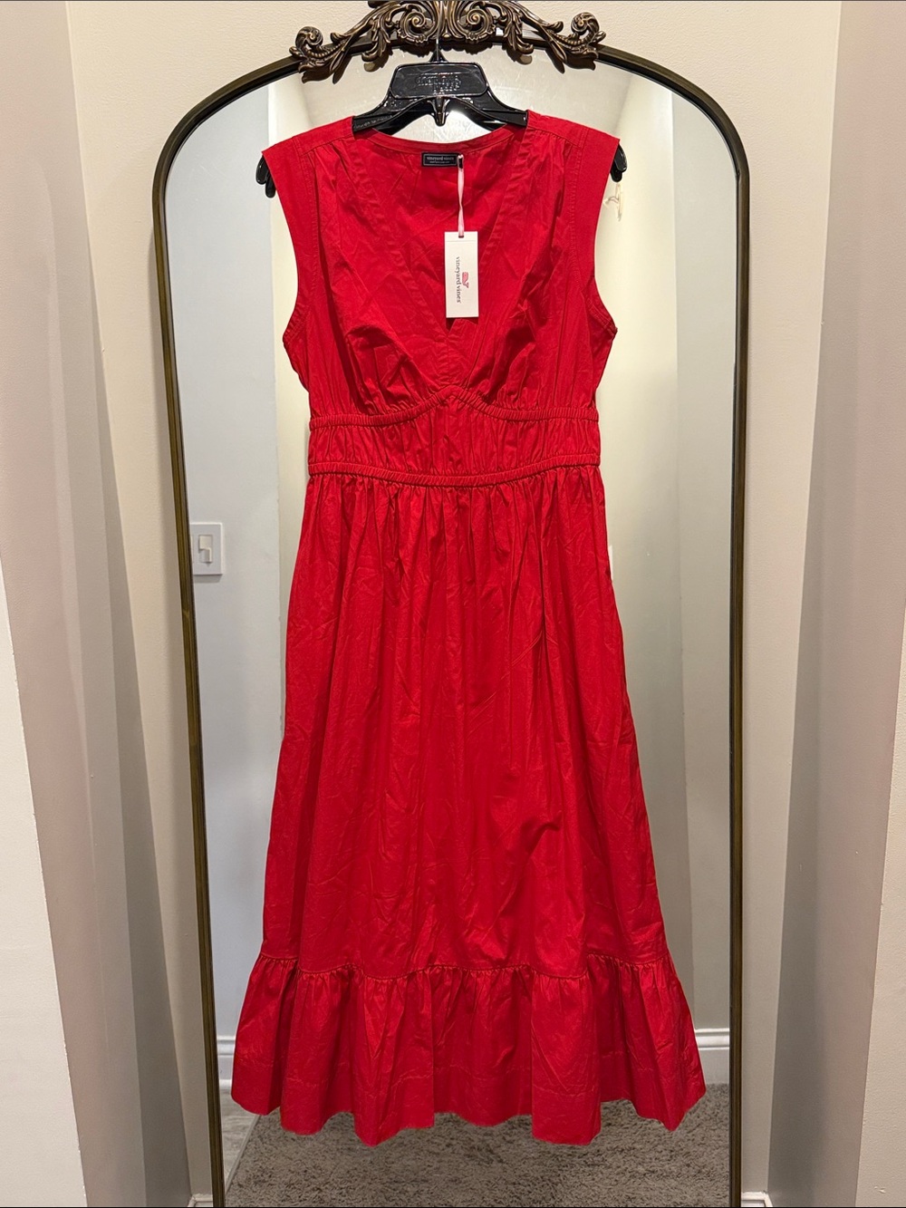 Vineyard Vines Red Sleeveless Maxi Dress with Ruffle Hem
